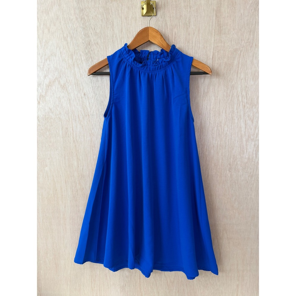 Glam Womens Blue Sleeveless Ruffle Neck A-Line Mini Dress Medium